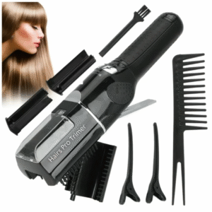 Máquina cortadora de puntas Hair Pro Trimmer con accesorios completos, peines guía, brocha de limpieza y clips, diseñada para eliminar puntas abiertas y emparejar el cabello