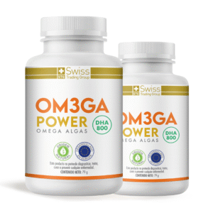 Dos frascos de suplemento Omega 3 vegano DHA 800 de algas marinas de Swiss Nature Labs, ideal para salud cerebral, visual y cardiovascular